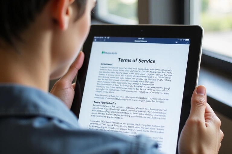 A person reading a legal document on a tablet, symbolizing agreement to terms and conditions.